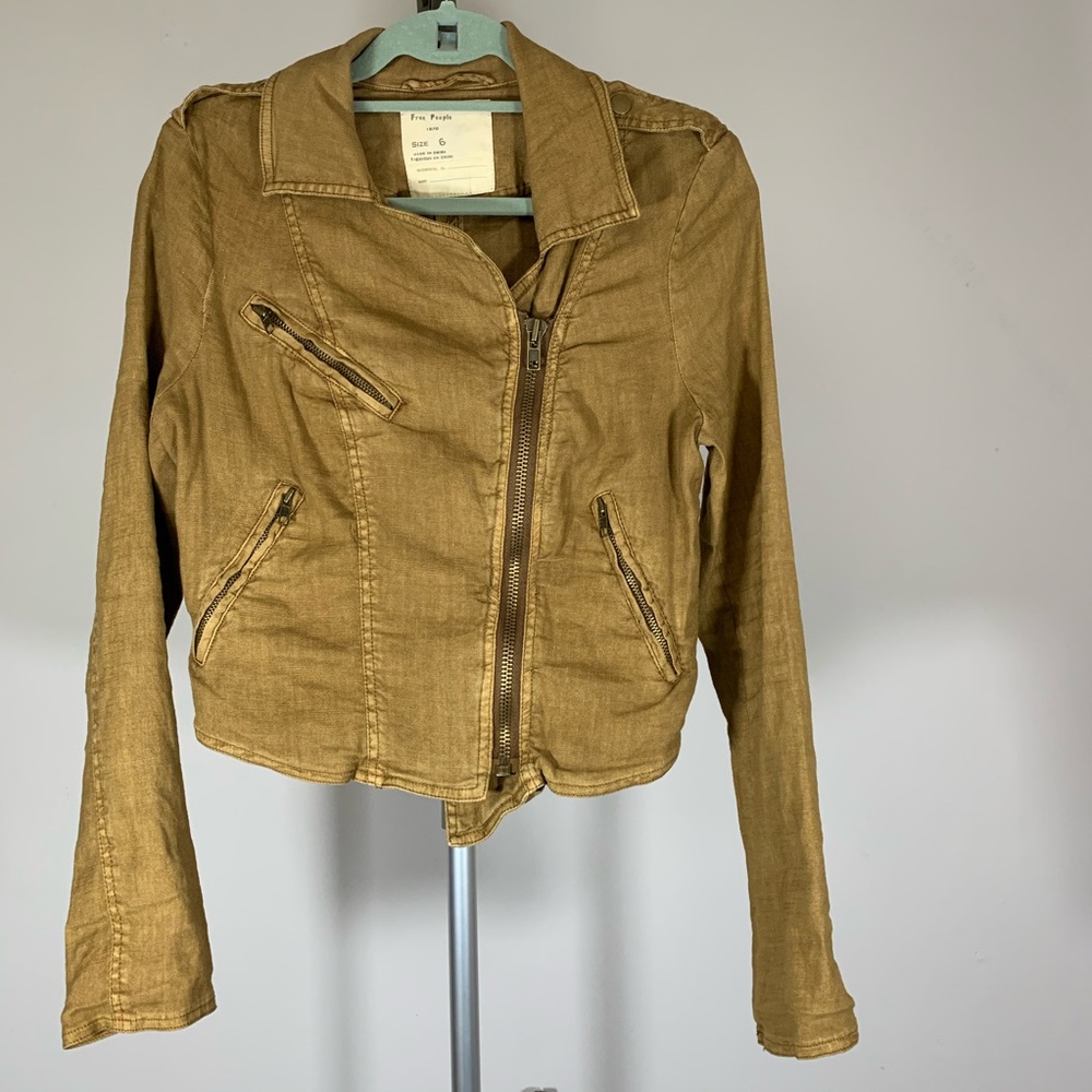 Free People Tan Linen Blend Moto Cropped Jacket